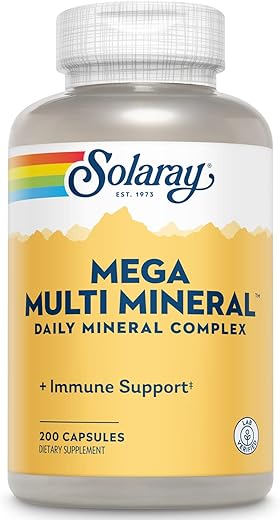 Solaray Mega Multi Mineral – 12 Chelated Minerals for Immune, Nerve & Electrolyte Support (200 Capsules, 50 Servings)