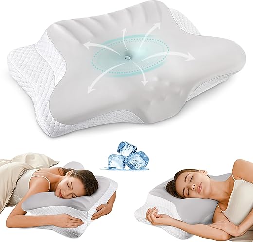 Cervical Neck Pillow for Pain Relief – Cooling Memory Foam Contour Pillow for Side, Back & Stomach Sleepers