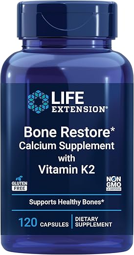 Life Extension Bone Restore + K2 – Advanced Bone Support with Calcium, Vitamin D3, Magnesium & Boron (120 Capsules)
