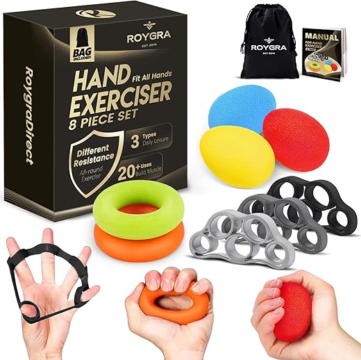 Roygra Grip Strength Trainer (8 Pack) – Hand & Finger Exerciser for Therapy, Fitness & Stress Relief