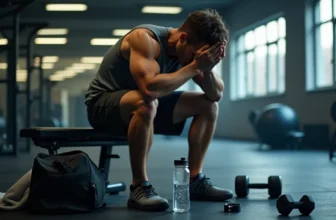 Man recovering after workout, sitting with water bottle, visibly exhausted