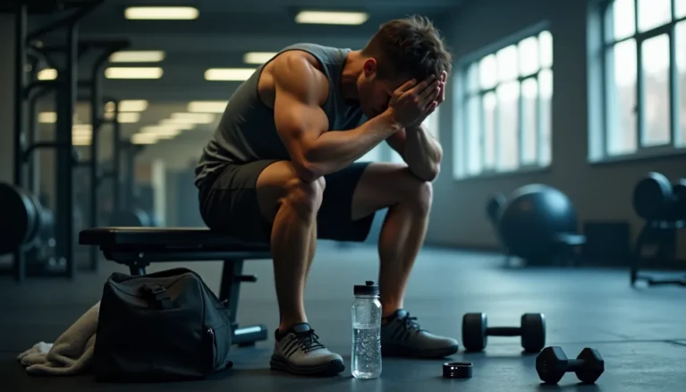 Resources Hub 10 Man recovering after workout, sitting with water bottle, visibly exhausted