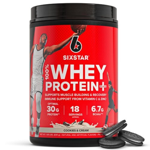 Six Star Whey Protein Plus – 30g Protein with BCAAs & Immune Support for Muscle Building & Recovery (Cookies & Cream, 1.8 lbs)